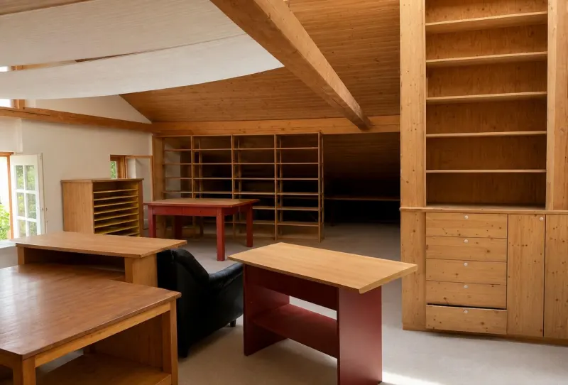 Dachgeschoss mit Holzdecke, Querbalken und Regalen